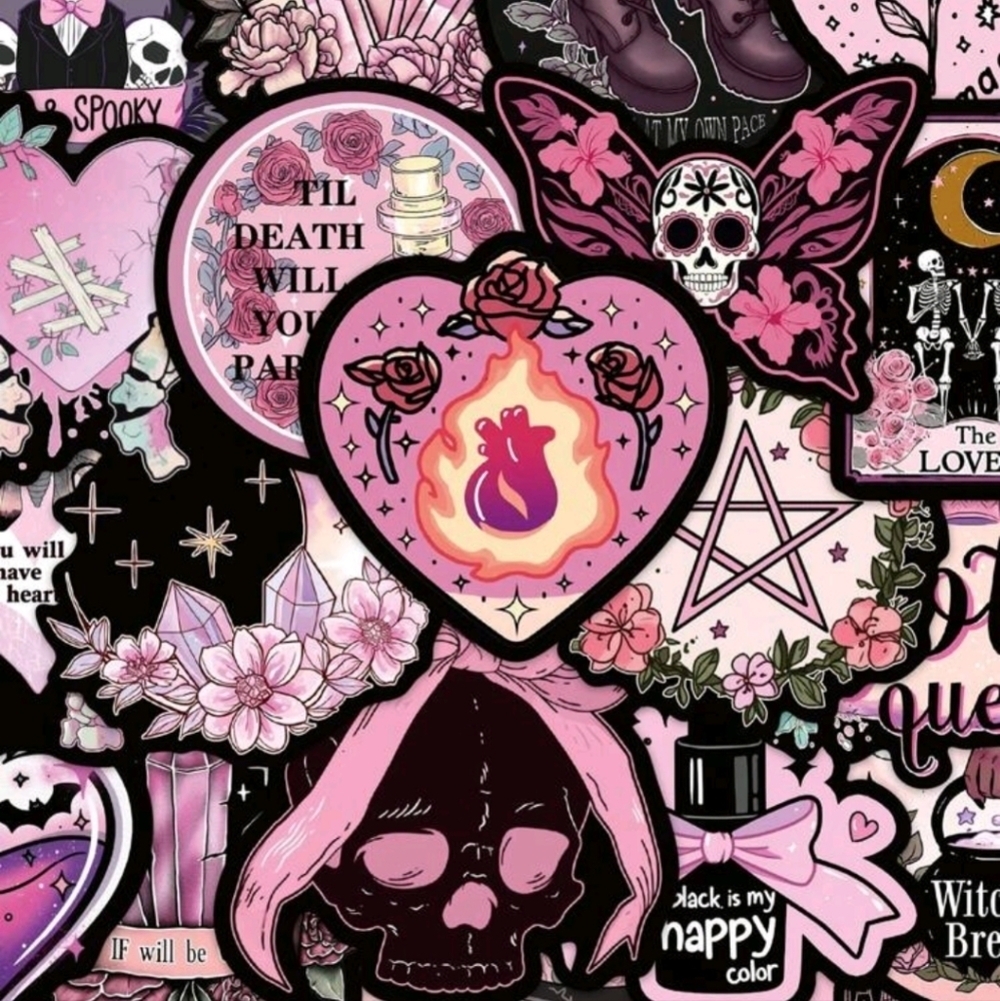Pink pastel goth anime heart skull crystal butterfly vinyl sticker 50 piece asso - Picture 2 of 8